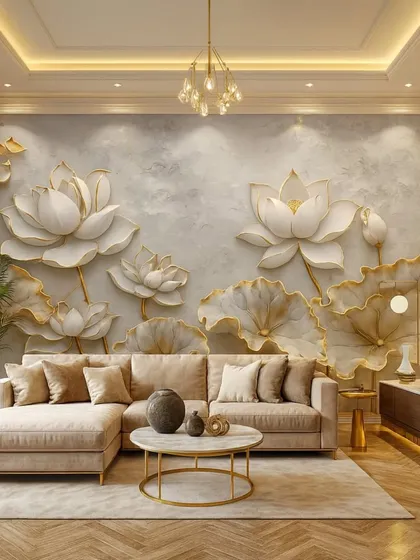 This 5D wallpaper showcases beautiful lotus flowers with golden edges, appearing to float on a serene, textured background. A perfect design for creating a peaceful and spiritual ambiance.