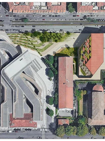 An overhead view of the masterplan, showing the dialogue between our proposed building and the iconic forms of the existing MAXXI museum.