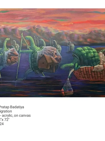'Migration,' a 48 by 72-inch acrylic painting, delves into themes of movement and adaptation. The surreal depiction of turtles, their shells textured with my signature woven motif, symbolizes the continuous journey and the weight of carrying one's home and history.