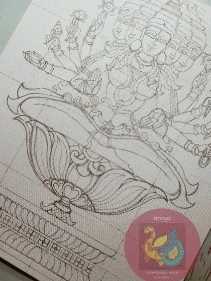 The initial pencil sketch for the Sri Gayatri Devi painting. Her five heads and ten arms are carefully planned and drawn to create a balanced and powerful composition.