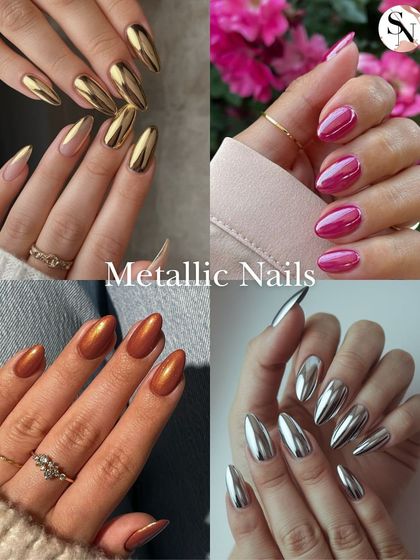 Metallic nails are perfect for making a statement. This collage shows a variety of metallic finishes, including gold, pink, orange, and silver chrome.
