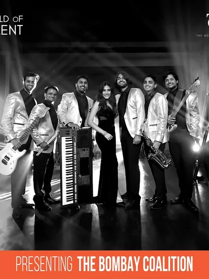 A formal portrait of The Bombay Coalition. We are a 7-piece band featuring male and female lead vocals, guitars, keyboards, bass, drums, and a saxophone for a full, dynamic sound.