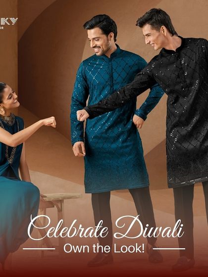 Celebrate Diwali and own the look. This campaign image captures the festive spirit with our latest collection of kurtas in deep teal and classic black.