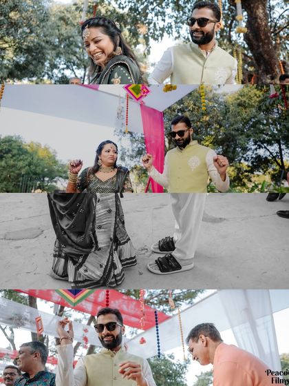 A collage of candid moments from the Mehendi, showcasing the couple's energetic dance moves and the fun-filled atmosphere of the celebration.