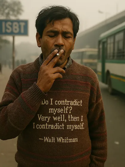 A man smoking on a smoggy street, wearing a sweater with a Walt Whitman quote about self-contradiction. This image captures the philosophical and contradictory nature of modern life.