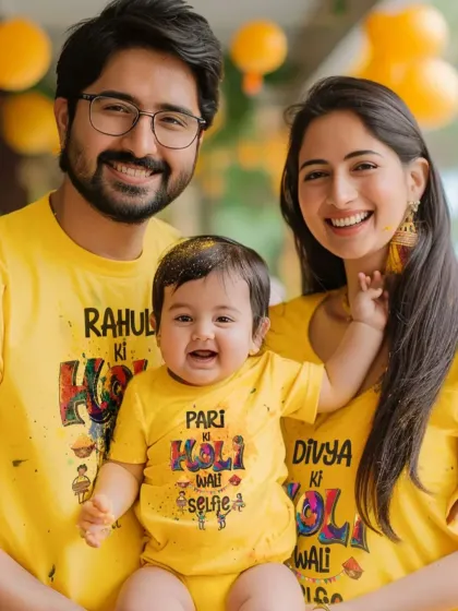 Celebrate Holi in style with matching family t-shirts. I can create custom designs for the whole family, like these bright yellow shirts, perfect for capturing fun photos and making the festival of colors even more memorable.