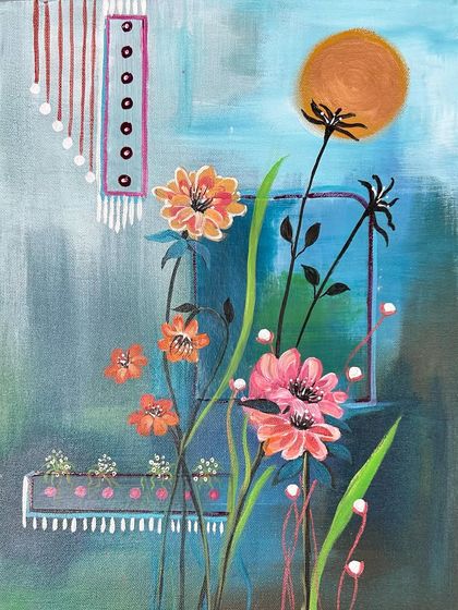 An imaginative floral painting where I let my mind pour out colors onto the canvas. This piece blends floral shapes with abstract elements, creating a dreamlike composition.