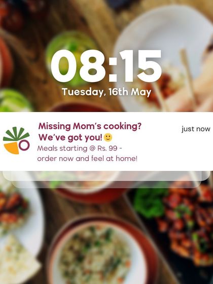 Missing Mom's cooking? This notification-style graphic is a gentle reminder that I've got you covered with meals starting at just Rs. 99.