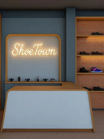 An alternate view of the Shoetown checkout counter, highlighting the neon brand signage. This element serves as a focal point and reinforces the store's modern, stylish identity.