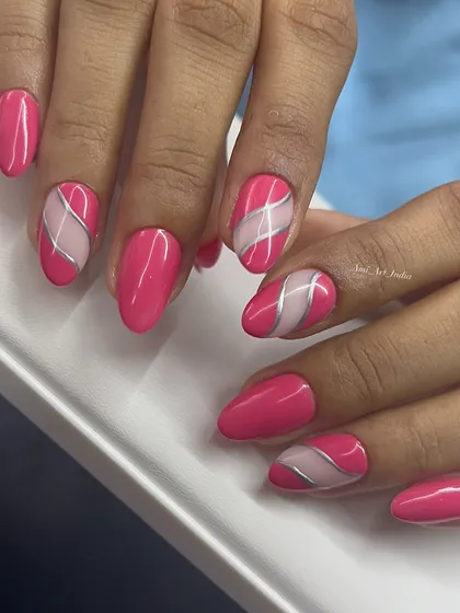 This simple and attractive design uses negative space and silver lines over a pink base.