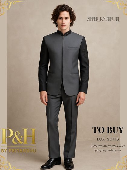 A full-length view of the grey and black zipper Jodhpuri, showcasing its contemporary and edgy design.