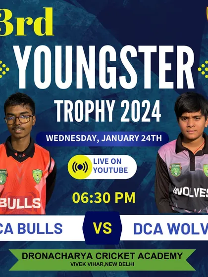 The match-day graphic for a crucial evening fixture between DCA Bulls and DCA Wolves, broadcast live for parents and supporters.