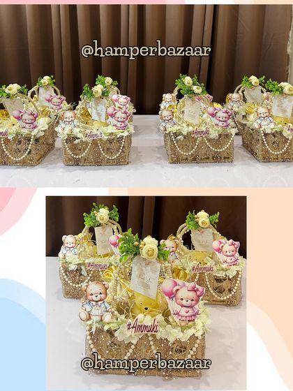 A collage showing different angles of the adorable teddy bear themed jute hampers for a baby announcement.