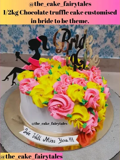 In my classes, you will learn to create beautiful custom cakes like this eggless chocolate truffle cake for a 'Bride to be' celebration. We will cover everything from baking the sponge to mastering these colorful piping techniques.