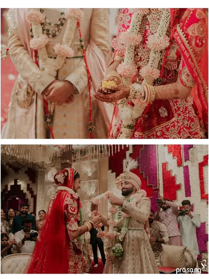 A collage showing the exchange of rituals and garlands. These detail shots highlight the traditional elements and the couple's interaction, which are central to the wedding narrative I build.