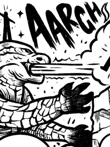 A detail showing a Godzilla-like monster, representing the overwhelming forces of destruction in the narrative of the doodle.