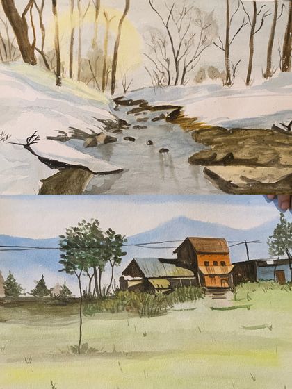 Two beautiful landscape paintings by a student, one of a snowy creek and another of a rural village. This shows the progress and variety achieved in our courses.