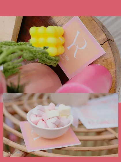 A collage of personalized details, including custom coasters with the couple's monogram and sweet treats for guests to enjoy.