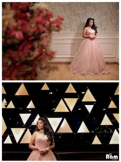 A collage of the bride's solo portraits on her engagement day. It showcases her stunning pink gown against different backdrops at the venue, highlighting her elegance.