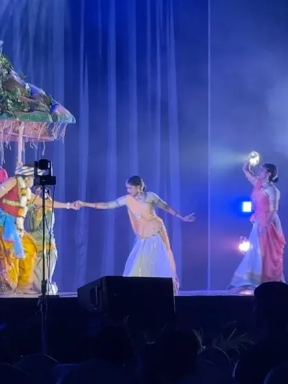 The stage at the ISKCON Brahmotsava, filled with divine energy. Performing the 'Goverdhan Leela' here, with the story of Krishna protecting his devotees, felt incredibly special and meaningful for our entire team.