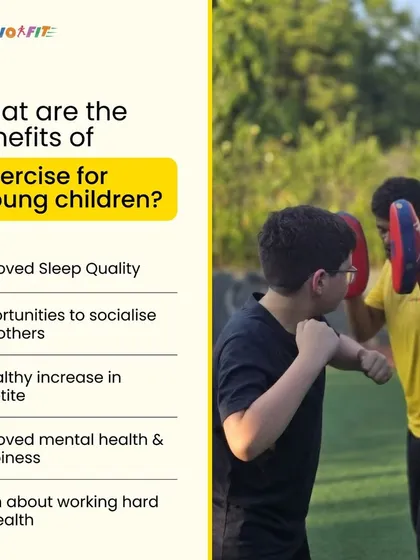 Beyond the physical, exercise offers incredible mental and social benefits. This graphic shows a kickboxing session in progress while listing key advantages like improved sleep, social skills, and mental health.