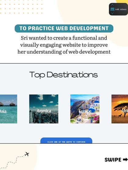 A look at the 'Top Destinations' feature on the 'Travel Express' website. This section demonstrates the student's ability to structure information and create an interactive user experience, allowing visitors to navigate through different continents.