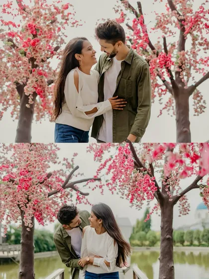 A lovely diptych of the couple surrounded by cherry blossom-like trees. These photos from their outdoor pre-wedding shoot are full of romance and the beauty of nature.