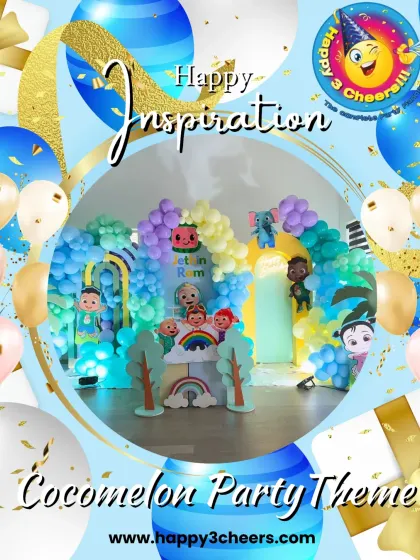 This graphic provides another example of a Cocomelon theme, featuring a backdrop with JJ and his friends, tree cutouts, and a rainbow arch. These are the kinds of custom elements I can create for your child's party.