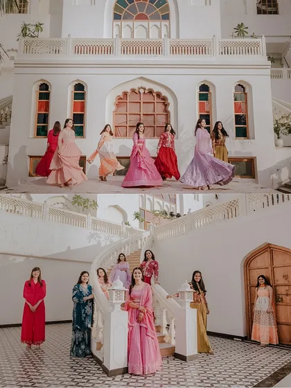 The bride and her tribe. This collage captures Anjali with her bridesmaids during her Mehendi, showcasing the beautiful architecture of the venue and the coordinated joy of the group.