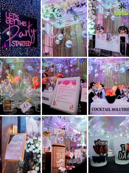 A collage of cocktail party details, including a neon sign, custom glassware, a quirky bar menu, and fun stirrers.