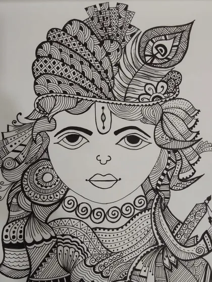 This intricate Krishna doodle is a perfect example of how Mandala patterns can be used to create stunning and detailed portraits. It’s a beautiful fusion of spiritual art and meditative drawing.