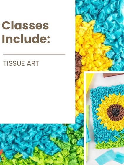 A beautiful sunflower made using tissue art, a fun and tactile activity we offer in our workshops that helps develop fine motor skills.