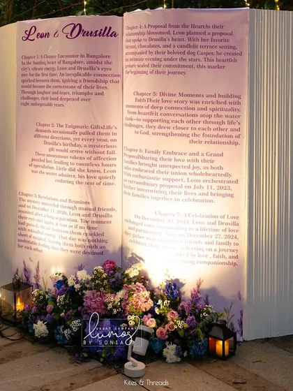 A love story told in chapters. This larger-than-life storybook backdrop was created for an enchanted garden wedding, sharing the couple's journey with their guests in a truly whimsical way.