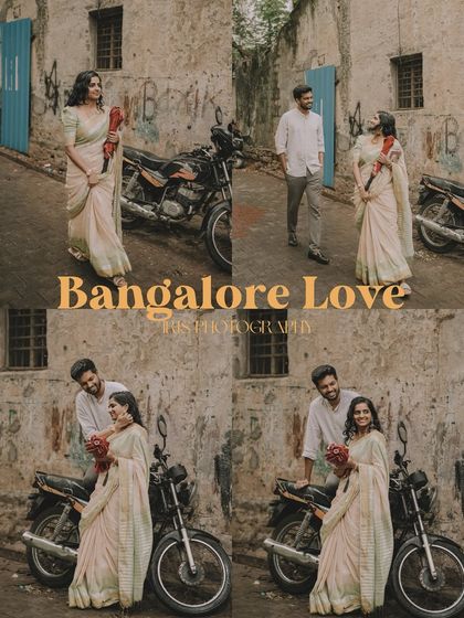 A retro themed pre-wedding shoot in the old streets of Bangalore. The vintage bike and rustic walls create a unique, nostalgic atmosphere for the couple's portraits.