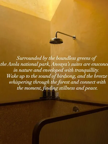A text overlay on our open-air shower, describing the experience of being surrounded by the boundless greens of the national park.