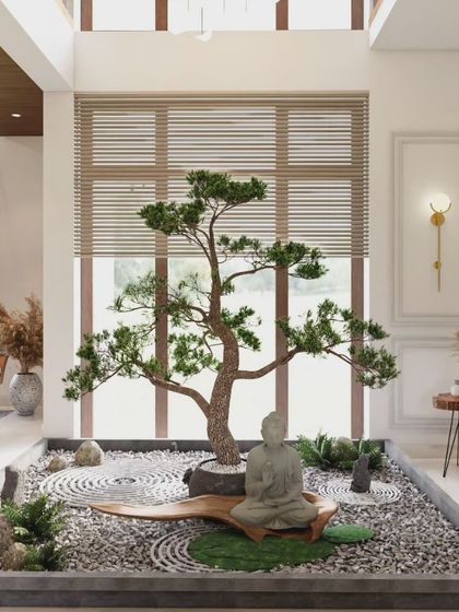 A closer view of the zen courtyard concept, showing the careful arrangement of gravel, stones, and the central Bonsai tree to create a peaceful, meditative space.