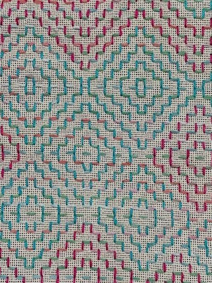 A close-up of a Kasuti pattern using two colors. The interlocking stitches create a beautiful texture. Join my workshop to master the basics of this heritage craft.