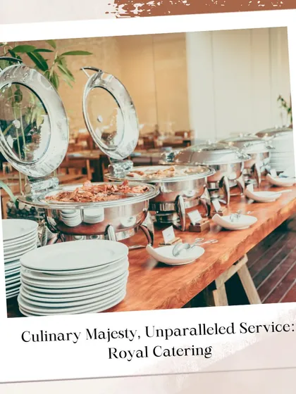 My service is defined by culinary majesty and unparalleled professionalism. This classic buffet line with gleaming silver chafing dishes and neatly stacked plates is ready to serve guests at a large-scale wedding or corporate gala.