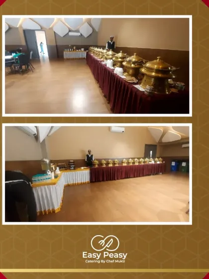 A view of our long buffet lines in a spacious hall, demonstrating our ability to serve a large number of guests efficiently.
