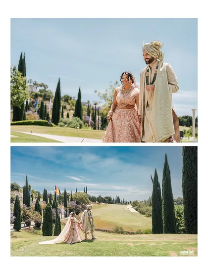 A picturesque walk through the Spanish landscape. The bride's blush pink lehenga and the groom's sage green sherwani, both by Tarun Tahiliani, were chosen to create a harmonious pastel palette for their destination wedding.