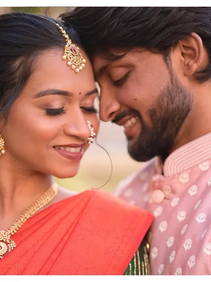Golden hour glow. This intimate close-up captures the couple's love and Leenal's flawless, minimal makeup.