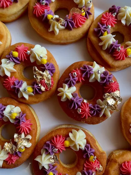I also do custom donuts! These were decorated with beautiful floral piping and a touch of gold leaf, all while being vegan and gluten-free.
