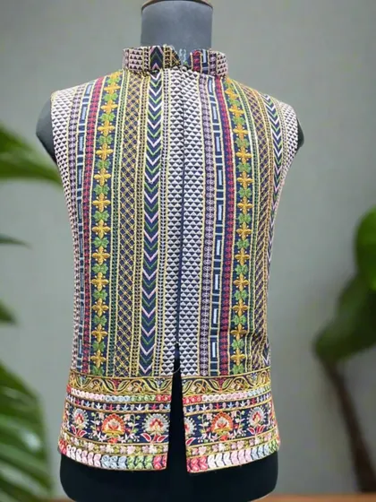 A sleeveless Nehru jacket with vibrant, multi-color geometric and floral embroidery. This is a perfect statement piece for a Mehndi or Sangeet night.