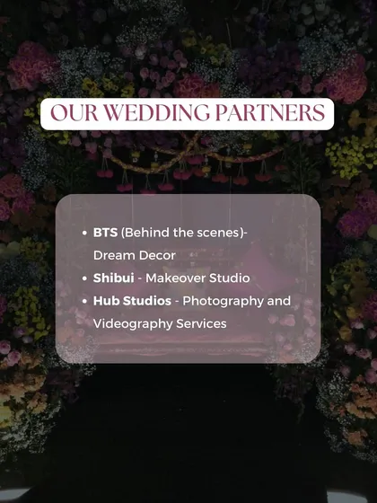 A graphic listing our core wedding partners: Behind The Scenes for decor, Shibui for makeovers, and Hub Studios for photography.
