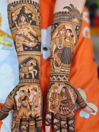 A beautiful composition of wedding story mehndi. This design includes portraits of the bride and groom, Radha-Krishna figures, and a horse motif, blending divine love with the couple's own story.
