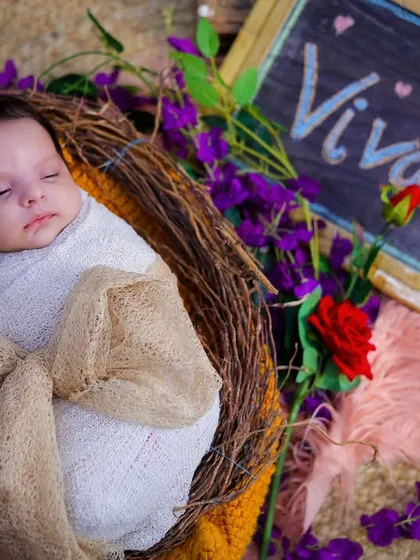 Another angle of Vivaan's newborn shoot, showing the personalized chalkboard and the beautiful contrast of the purple flowers against the rustic nest.