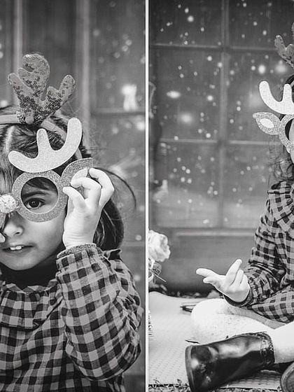 Getting into the festive spirit with a Christmas-themed photoshoot. This black and white collage captures the playful and silly moments of a little girl with reindeer props.