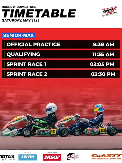 The Saturday timetable for the Senior Max class at Round 2 of the Meco Meritus Cup.