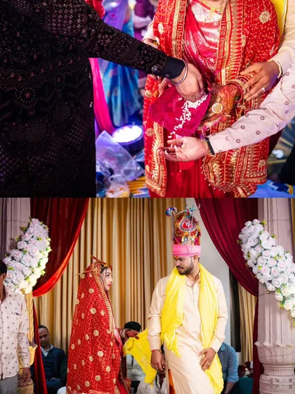A collage of traditional wedding rituals, including the Haldi ceremony and the bride's entry.
