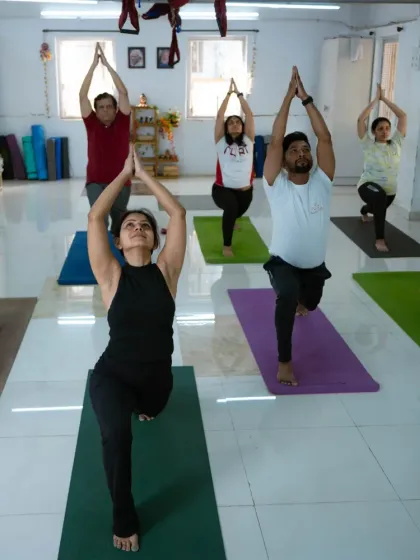 A look inside one of our group classes, with students moving together in Virabhadrasana I (Warrior I). There is a powerful energy in practicing as a collective.